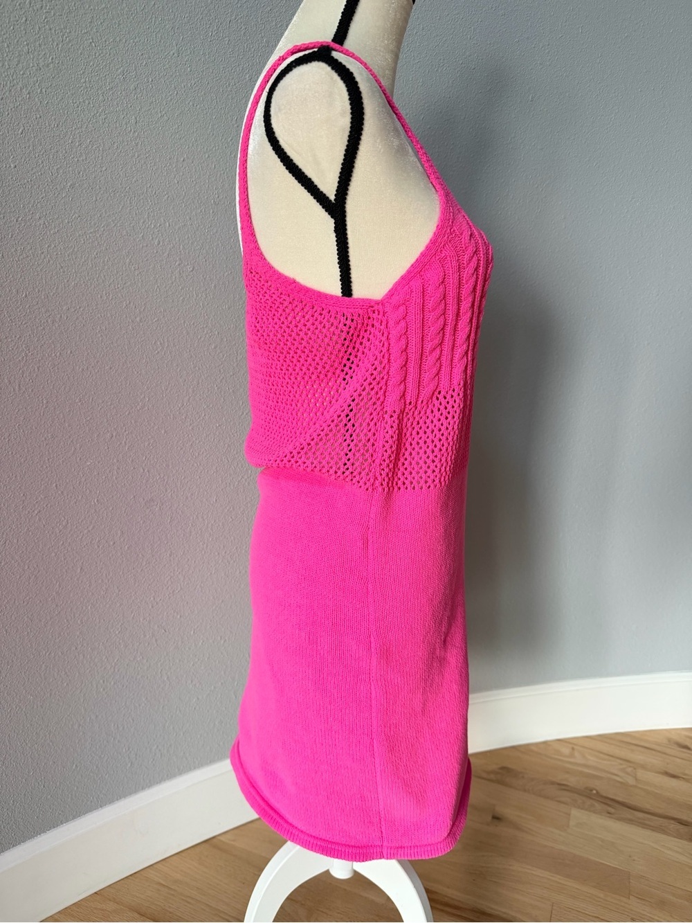 ZARA Hot Pink Crochet Cable Knit Mini Dress Size Large Square Neck Barbiecore - Picture 7 of 11
